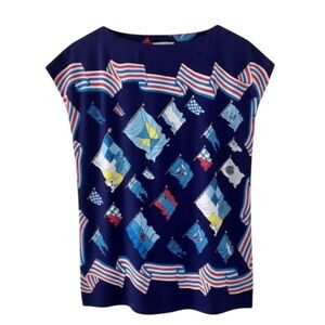 J McLaughlin Blue Nautical Flag Print Catalina Cloth Short Sleeve Top Size Small